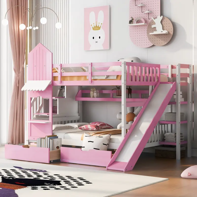 Bellemave Castle-Style Double Twin Loft Bunk Bed with Slide - Solid Pine Wood Bedframe, 2 Drawers, 3 Open Shelves, Ample Storage Space, No Box Spring Needed, Durable, Stable, Easy to Match Decor, Unique Indoor Bedroom Furniture
