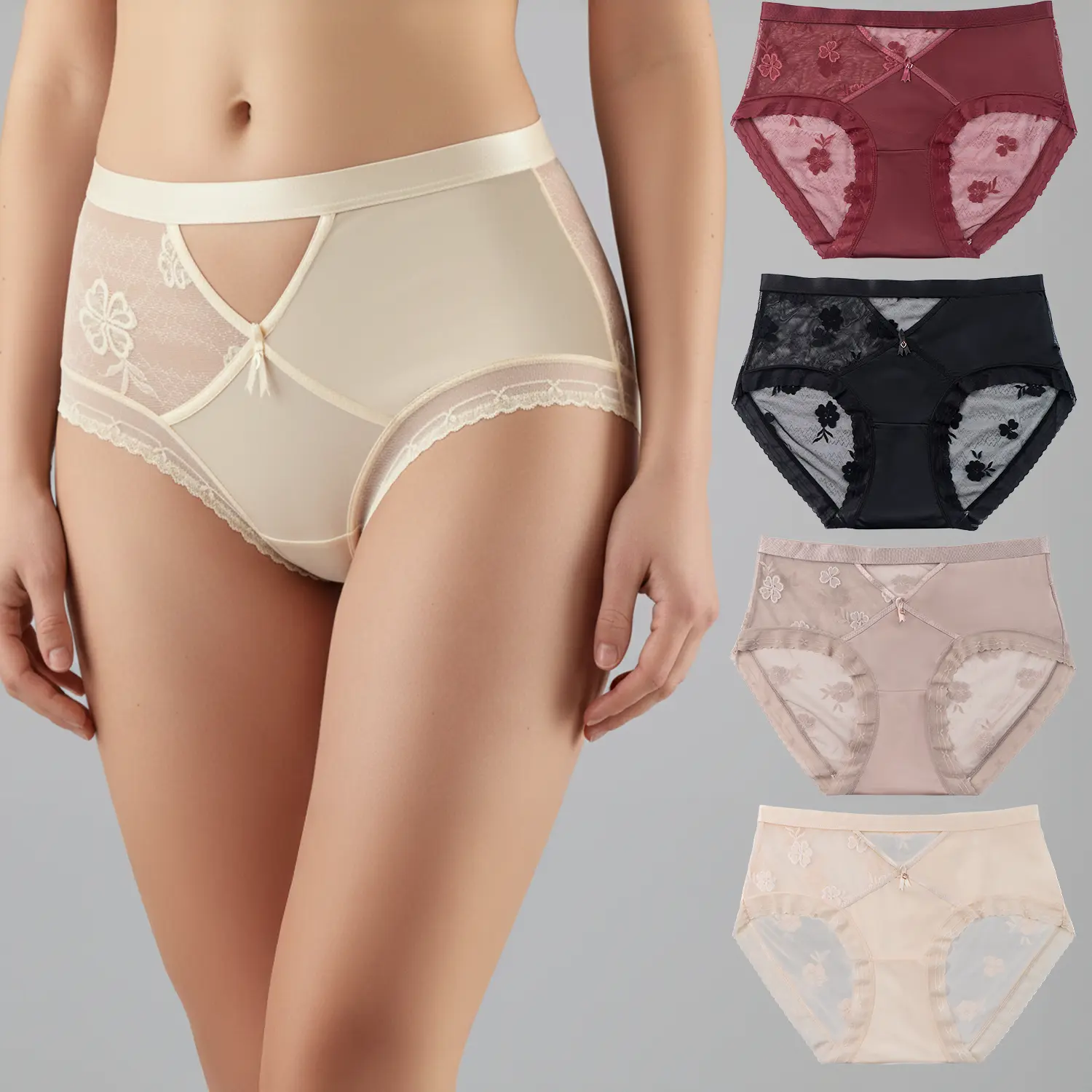 Women's 4-Piece Satin Panties Set - Mid-Rise, Floral Embroidery, Sheer Lace, 2Black+2Wine Red, Ideal for Dates & Vacations, Lacy, Plants