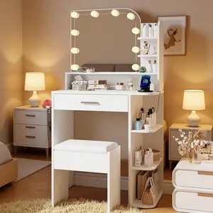 Small Vanity Table with Lights Mirror and Chair, 3 Lighting Modes Makeup Vanity with Power Station, Compact Vanity Set for Small Space outdoorfun