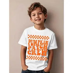 1pc ' Pumpkin Patch Crew Checkered Print T-Shirt - White with Orange & Black Gingham Check & Tennessee Vols-Inspired Lettering - Short Sleeve Round Neck Casual Top for Kids 3-13 Years (Halloween, Fall Festival, Everyday