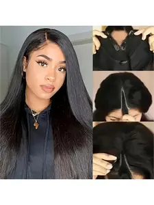 V Part Wigs Human Hair 180% Density Straight Upgrade U Part Human Hair Wigs with Drawstring No Leave Out No Sew Glueless Clip In Half Wig Human Hair (Natural Black, 16-32inch)