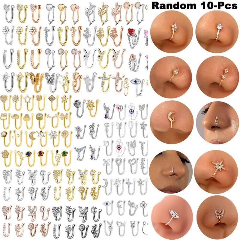 Random 10pcs Nose Clip and Stud Set with Copper Synthetic Zirconia U-Shaped Heart Crown Butterfly Five-Pointed Star Nose Rings,  Ideal for Party and Festival Celebrations
