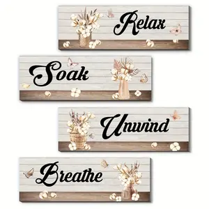 4 Piece Rustic Wood Bathroom Wall Decor Signs, Vintage and Modern Style, 11.8x3.9 Inches, Perfect for Home Farmhouse Bedroom/bathroom/waterproof Room