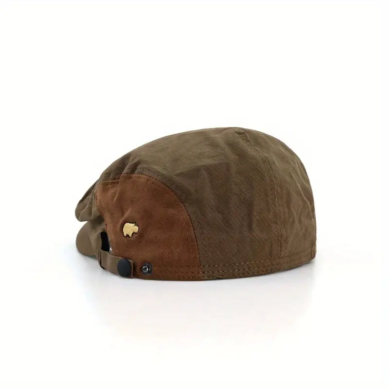 Unisex Casual Polyester Beret Hat - Brown, Lightweight, Striped Band, Golden Emblem, Prop 65 Safe, Spring Summer Fashion Clothes Accessory