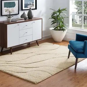 Modway Jubilant Abound Abstract Swirl 5x8 Shag Area Rug in Creame and Beige