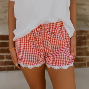 Women's Red Gingham Plaid Shorts Lace Patchwork Hem Tie Elastic Waist Casual Summer Bottoms