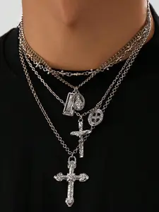 4PCS Unisex Gothic Multi-Layer Cross Necklace, Alloy with Religious Medallion & Charms, Vintage Punk Stacked Chain for Streetwear, Festival & Daily, Ideal Halloween Gift