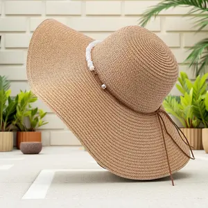 White Beaded Decor Wide Brim Sun Hat, Large Area Straw Hat for Outdoor Travel Sunshade And Sunscreen Hat, Beach Vacation Essential