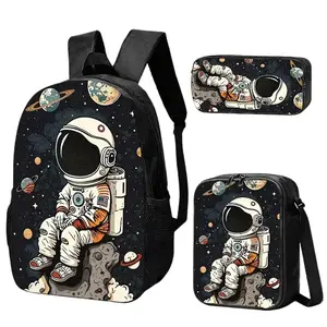 Durable Water Resistant 3-Piece Backpack Set for Kids, Lightweight School Bag with Lunch Box & Pencil Case, 600D Oxford Cloth, Breathable Padded Straps & Mesh Back, Large Capacity Fits 15-inch Laptop, Insulated Lunch Bag, Cute Astronaut Print with Planets
