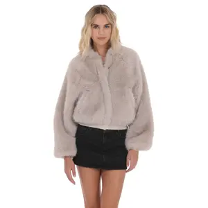 Faux Fur Bomber Jacket in Soft Taupe