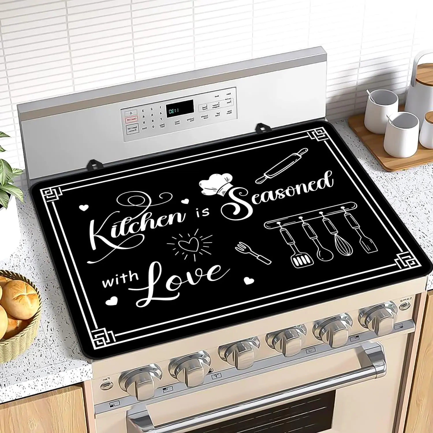 Black Stove Top Cover for Electric Stove, Glass Stove Top Cover, 28x20 inch, Kitchen is Seasoned with Love Decor, Heat Resistant Cooktop Cover for Ceramic Stove Top Oven Dish Drying Mats Washer Top