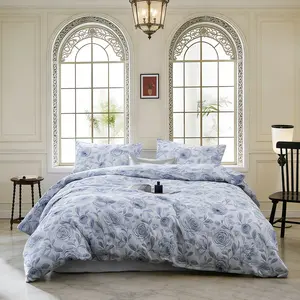 Romantic French Blue Rose Print Bedding Set, 3 Piece Set Includes 1 Decorative Duvet Cover+ 2 Pillowcases, No Insert Soft Comfortable Bedroom Essential
