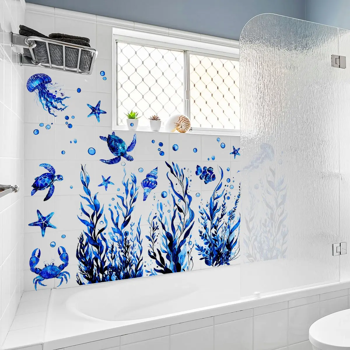 A set (30*60cm*4pcs) of marine life jellyfish and turtle bubble bathtub stickers, suitable for living room, bedroom, bathroom, and home background decoration, Bathroom Decoration Supplies - MS4452-ZC