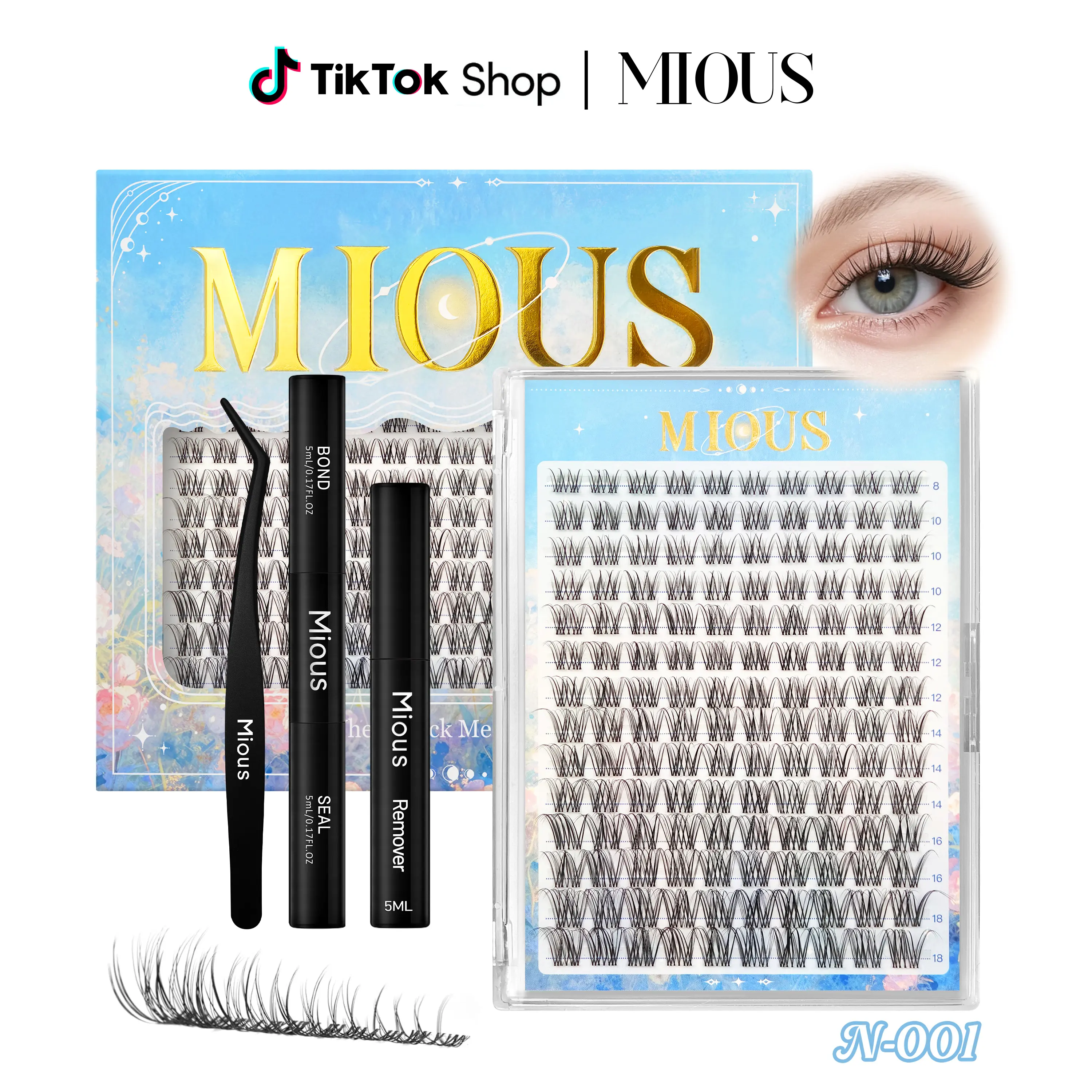 Mious N-001 Venus Waterproof Lash Cluster Kit with Bond, Seal, Tweezers & Remover, 8-18mm Mixed Length Natural Eyelashes Clusters for Long-Lasting DIY At-Home Eyelash Extension (Beginners Friendly), Natural Lash Clusters