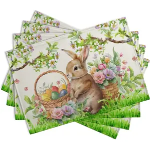 Set of 4/6 Easter Bunny Placemats 12x18 Inch – Spring Floral & Colorful Egg Farmhouse Table Mats for Kitchen, Indoor Outdoor Dining & Party Decor