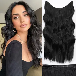 XINRAN Hair Extensions with Adjustable Transparent Fishing Wire Hair Extensions 4 Safety Clips Long Wavy Invisible Fishing Wire Secret Wig for Women Daily Party Use (Black, 20 inches)