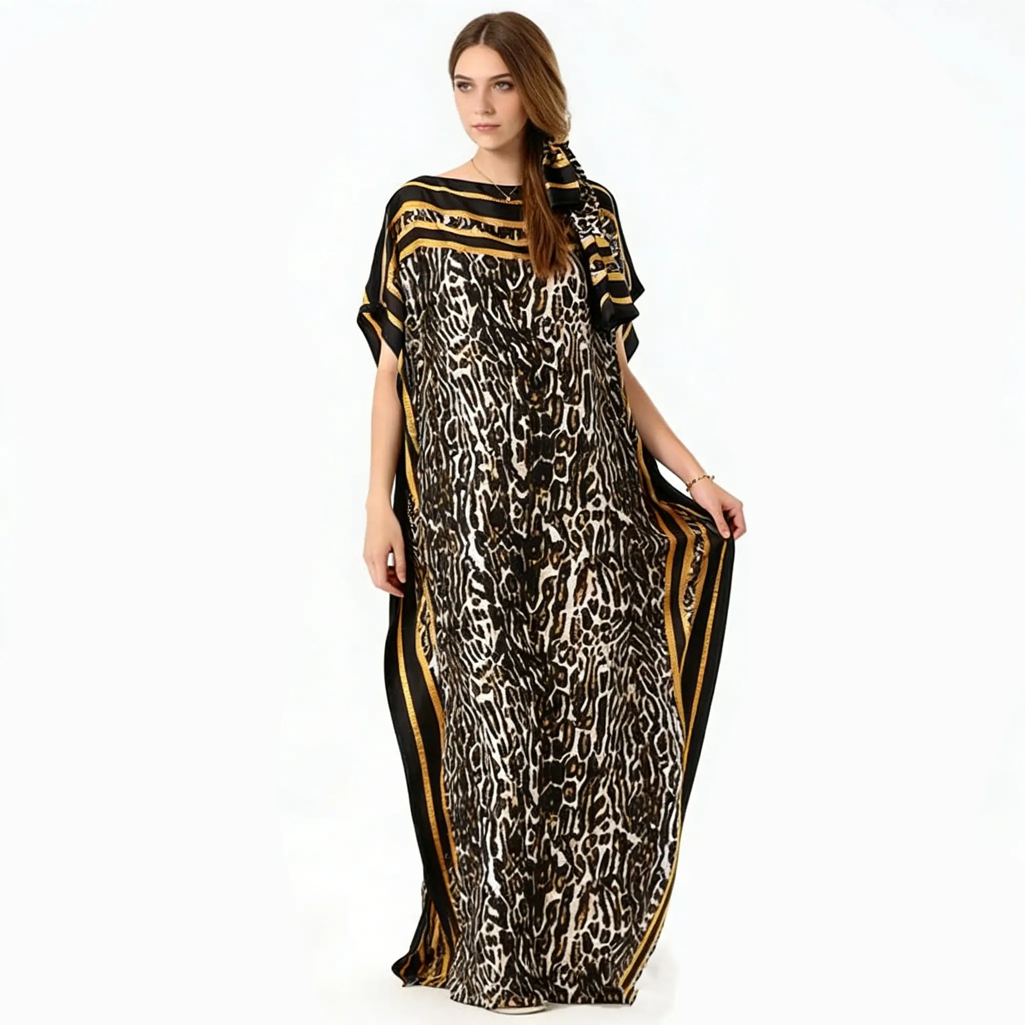 Women's Leopard Print Kaftan Maxi Dress with Matching Headscarf, Loose Fit Flowy Evening Gown, Boho Vacation Party Wear, Plus Size Friendly