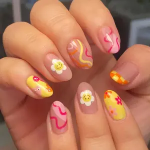 Smiley Daisy Abstract Press On Nails, Handmade Groovy Nails, Y2K Fun