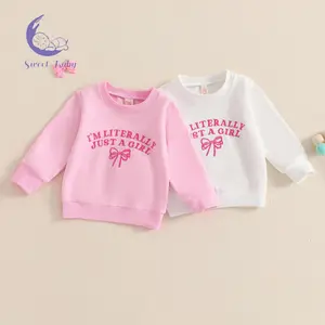 Toddler Girls' Casual Cozy Sweatshirts, Bowknot Letter Embroidered Crew Neck Long Sleeve Pullovers, Fall Baby Clothing Tops, Casual Cozy Sweatshirt