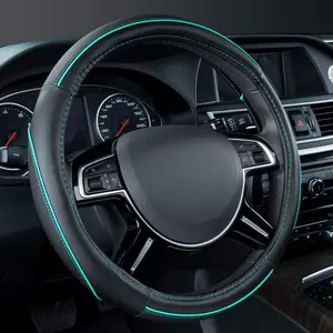 Pass Colour Piping Leather Universal Fit Steering Wheel Cover,Perfectly fit for 14.5-15 inches For Various Vehicles,SUVs,Vans,Sedans,Cars (Black & Mint)