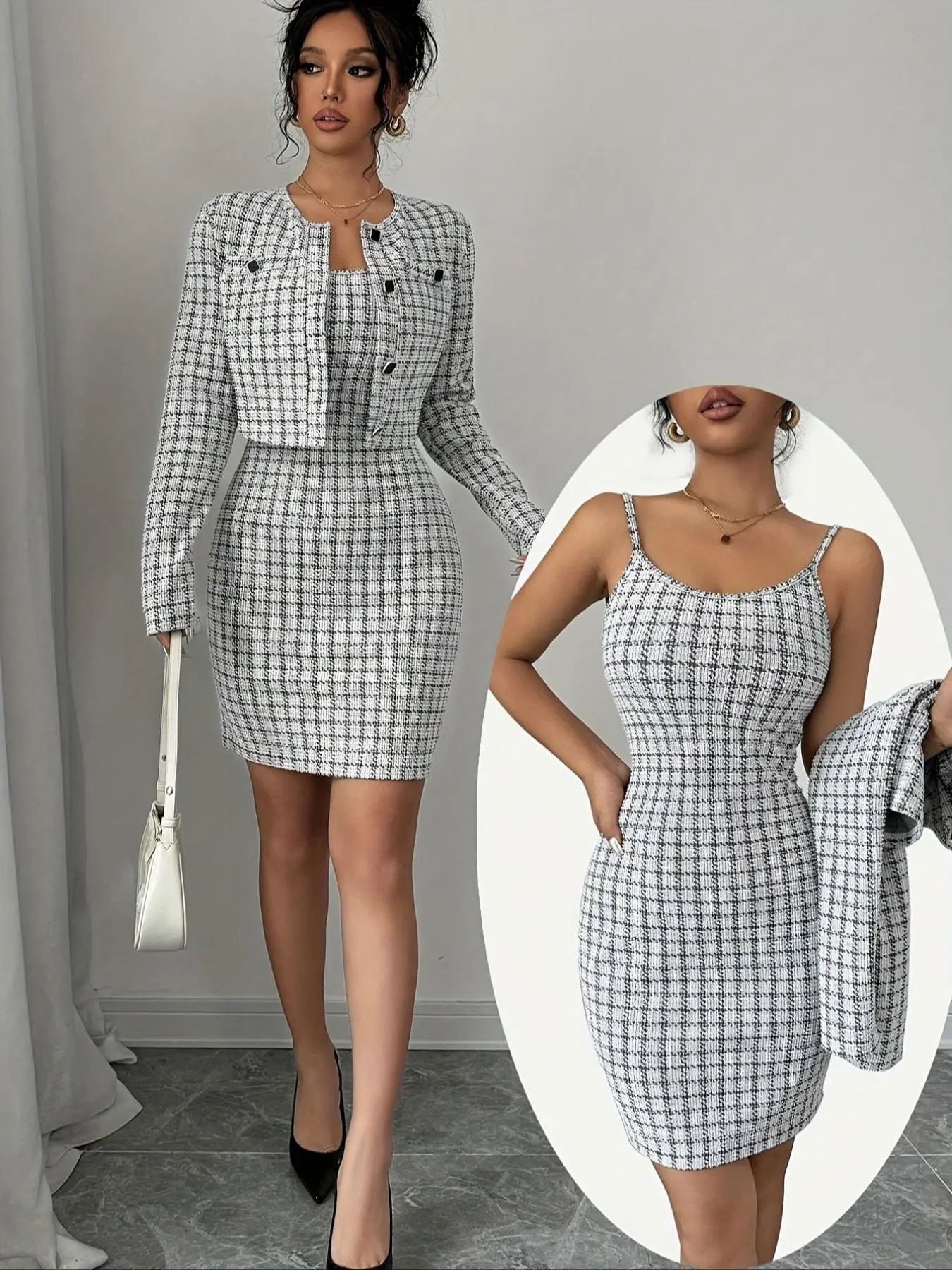 Women's Jacket & Cami Dress Two-piece Set, Casual Elegant Chic Formal Plaid Long Sleeve Outerwear & Dress for Work Office Business, Elegant Formal Style, Ladies Spring & Fall Clothes