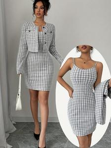 women's jacket & cami dress two-piece set, casual long sleeve outerwear & dress for work office business, ladies spring & fall clothes