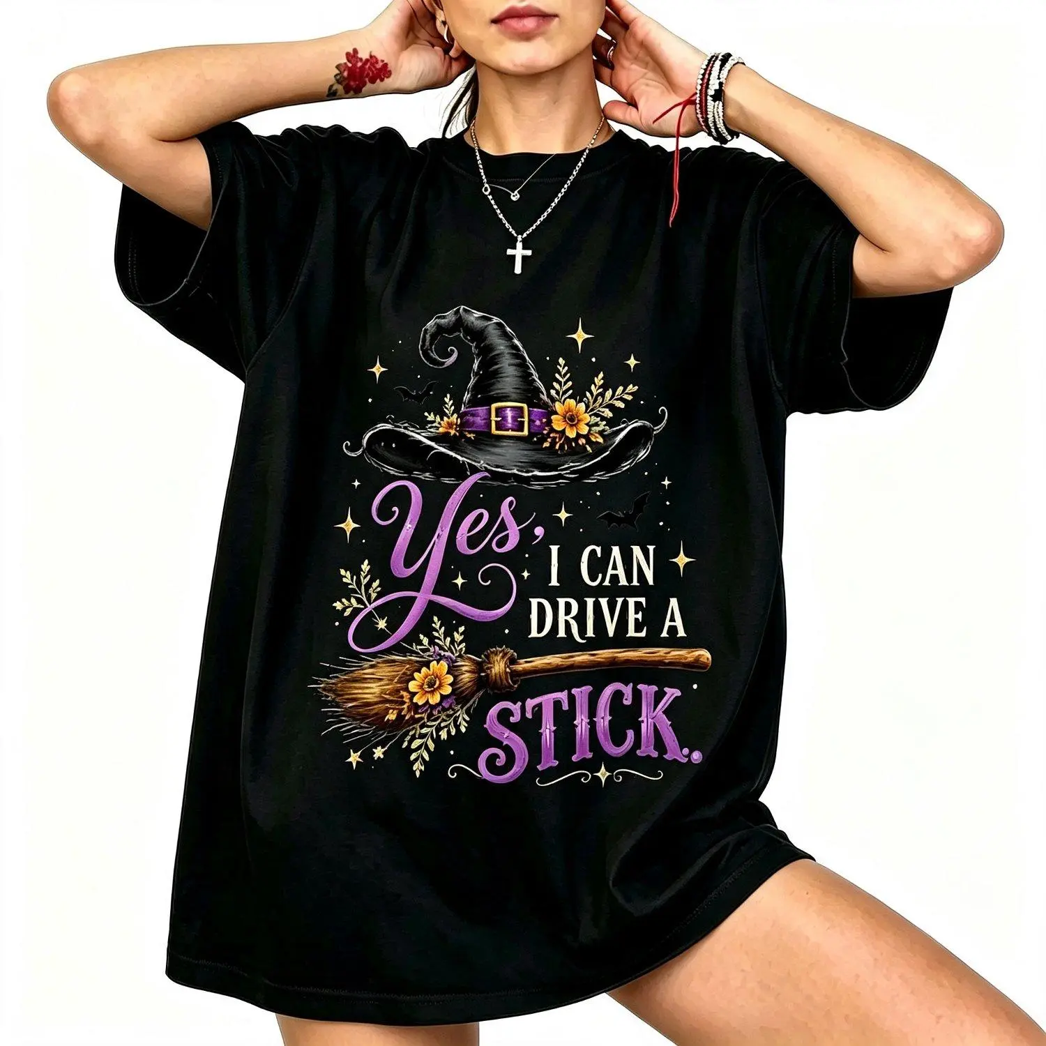 Yes I Can Drive A Stick Floral Witch Hat Broom Halloween T Shirt Casual Graphic Tee Top for Fall Season Celebration