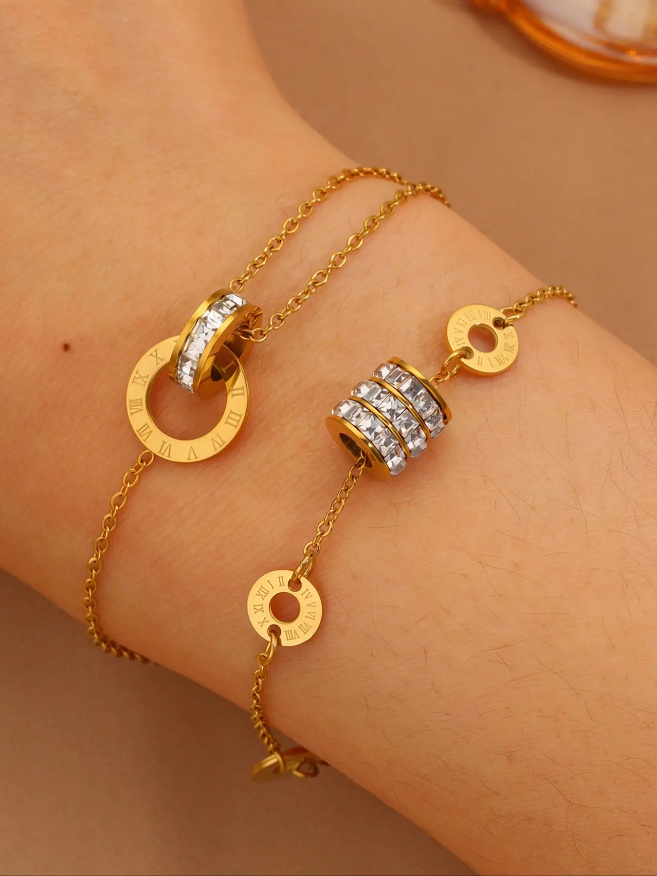 French Elegant Casual Waist Bracelet with Charms Set, Stainless Steel Single Row Diamond Design, Perfect for Daily Fashion & Vacation Wear, Stackable Bracelets