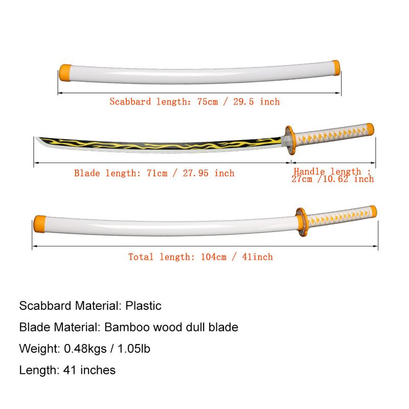 Anime Bamboo Wooden Dull Blade Demon Slayer Sword Cosplay Agatsuma Zenitsu 41 Inches with Belt Holder Stand Display for Halloween Role Playing Collection