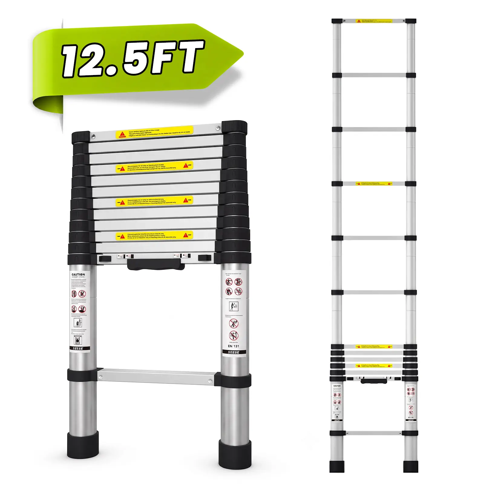 SEESE 12.5 FT Telescoping Ladder, Aluminum Telescopic Extension Ladder 330 lbs, One-Touch Retractable Compact Portable Ladder with Non-Slip Rubber Feet for Home, RV, Loft & Household Use