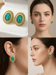 Nomad Jewels | Vintage Emerald Opal Style Studs, Retro Palace Glamour Earrings, Sparkling Crystal Halo Jewelry, Elegant Birthday Gift for Her #opaljewelry #vintageearrings #statementstuds #palaceglam #jewelrygift #aestheticjewelry #tiktokshop2026, Drop Ea