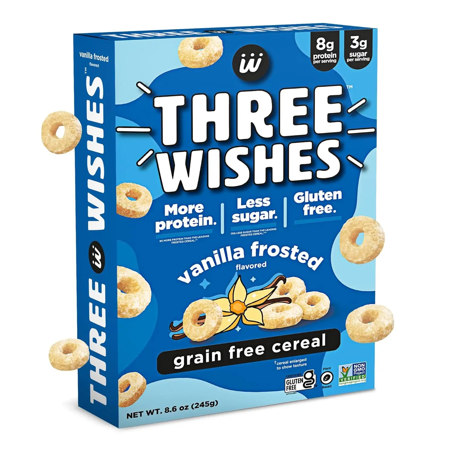 Plant-Based and Vegan Breakfast Cereal by Three Wishes - Frosted, 1 Pack - More Protein and Less Sugar Snack - Gluten-Free, Grain-Free - Non-GMO