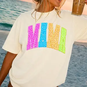 Women's Short-Sleeve Baggy Neon Cheetah Print Casual Round Neck Streetwear Mama T-Shirt - Unisex Graphic Top, Everyday Wear, Shortsleeve