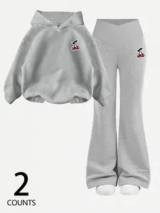 Women's Casual Fitted Hoodie Sweatshirt Set, Comfortable All-Season, Regular Length, Moderate Fabric, Stylish Letter Pattern Design