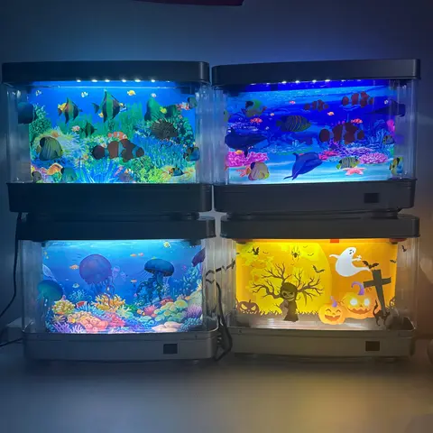 LED Desk Lamp - Aquatic Fake Fish Tank Ocean Theme Light with Jellyfish Swirl, Tropical Look, 2000s Motion Effect, Whimsical Cool Room Decor, Halloween Gift for Indoor Use