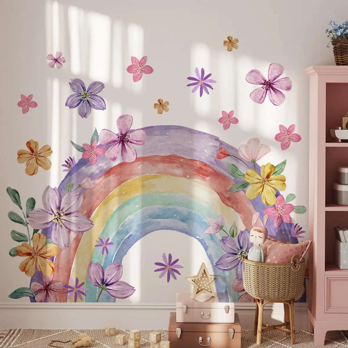 Watercolor Flower & Rainbow Pattern Wall Sticker, 2 Counts/set Self Adhesive Wall Decal, Decorative Sticker for Home Living Room Bedroom, Decorative Sticker Packs, Art Stickers