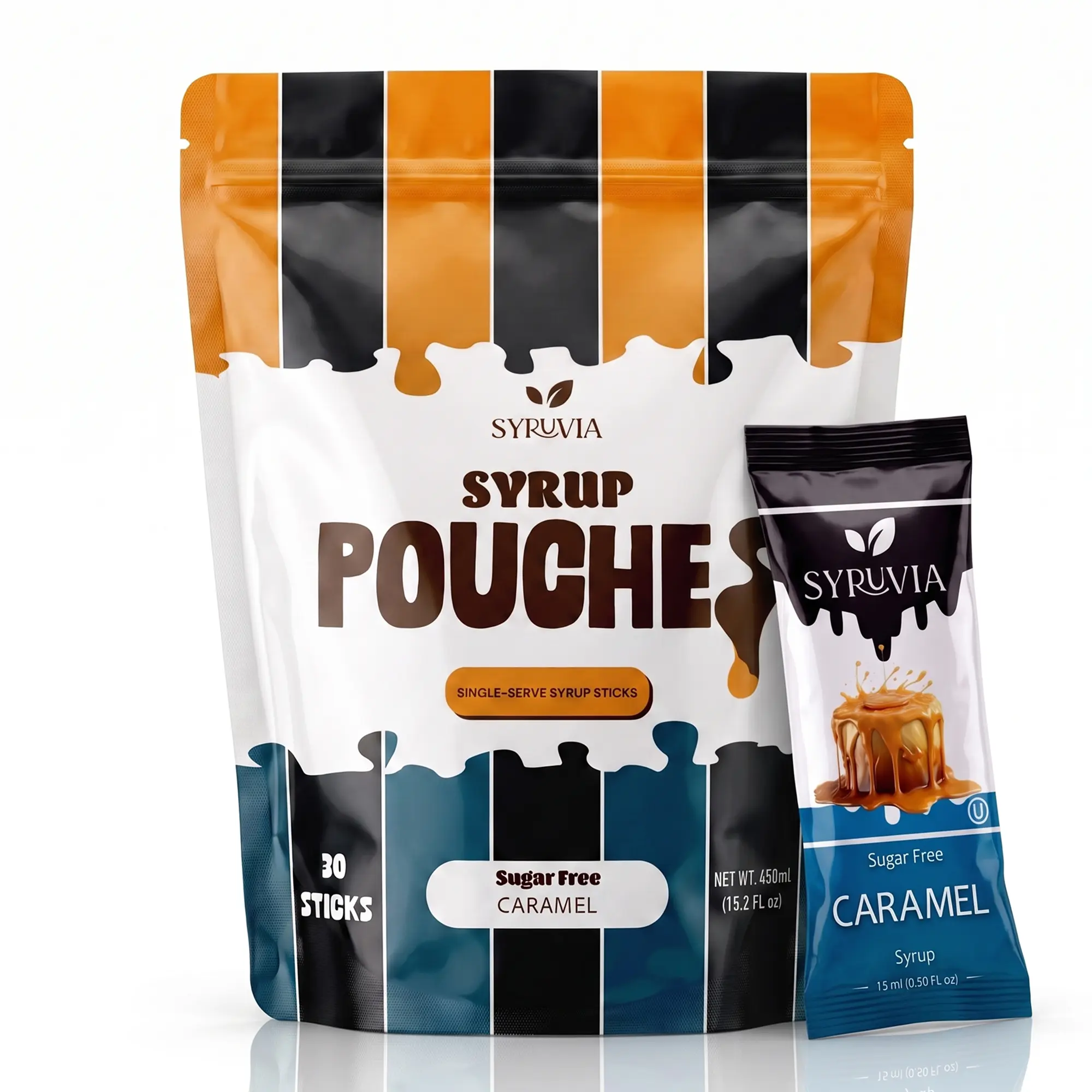 Syruvia Sugar Free Caramel Syrup Pouches, Coffee Syrup Sticks for Coffee, Tea, Lattes & Desserts, 30 Count (15 mL Each)