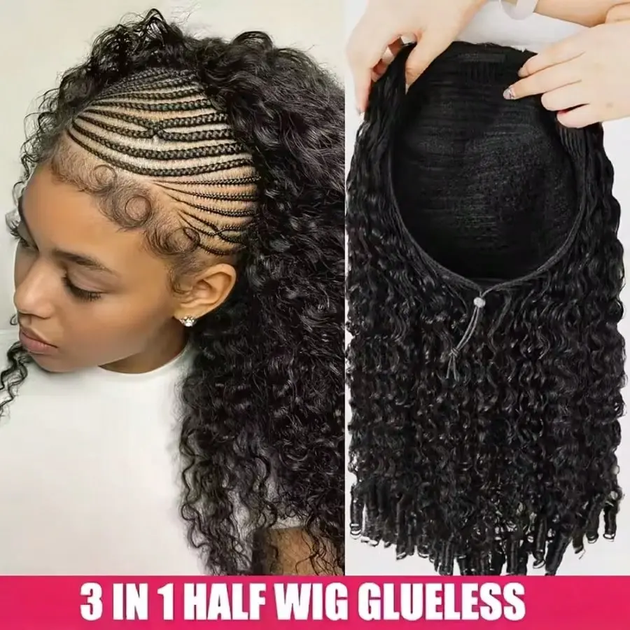 Burmese Curly Half Wigs Human Hair 12-22 Inch 250% Density 3 IN 1 Glueless Ready to Wear Drawstring Clip in Half Wig Luxury Raw Virgin Curly Hair None Lace Front Wigs for Women Natural Color