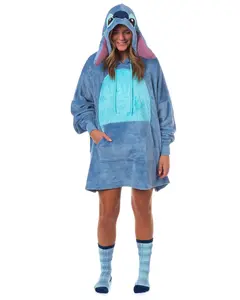 Disney Stitch Pajamas Women's Pullover Hooded Plush Dorm Sleep Shirt with Socks Disney Stitch Pajamas Women's Pullover Hooded Plush Dorm Sleep Shirt with Socks