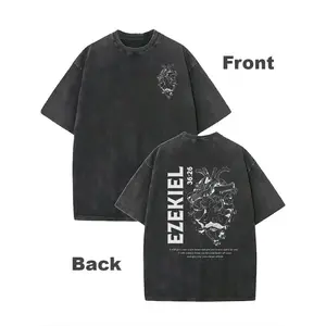 Men's Vintage Creative Pattern Washed T-shirt Double Sided Printed "Ezekiel" Cotton Heavyweight  Drop Shoulder T-shirt Retro Street T-shirt Machine Washable