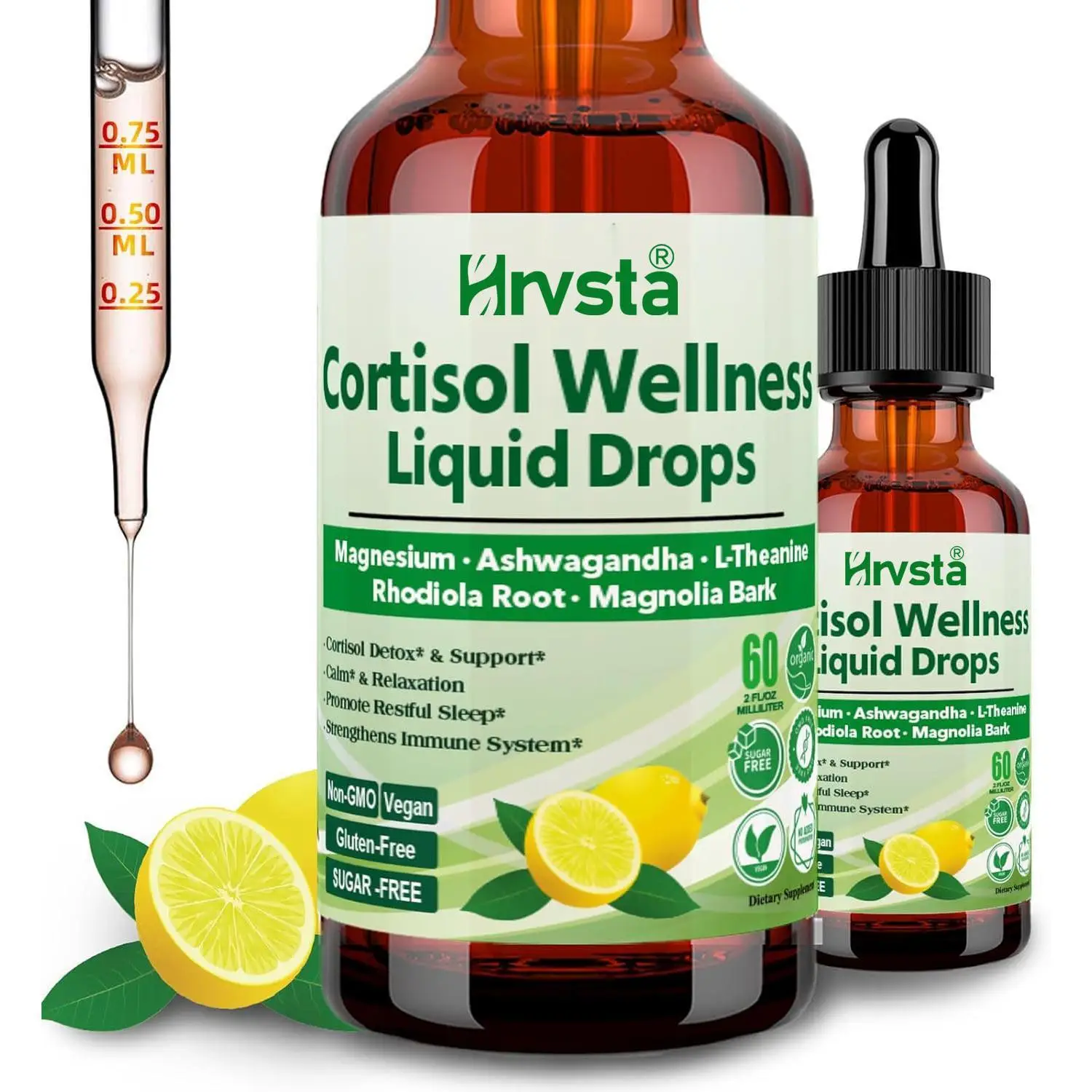Hrvsta Cortisol Supplement Liquid Drops 17-in-1 Detox with Magnesium Glycinate 400mg, L-Theanine, Phosphatidylserine & Mood Support for Women sea moss