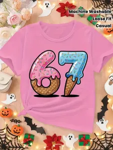 Girls' Cute Food Theme T-Shirt, Ice Cream & Cake Print, Party Wear, Spring Summer Casual Streetwear, Gift Idea, Funny Birthday Shirt