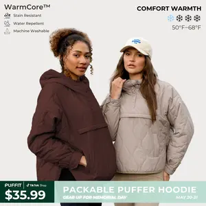 PUFFIT WarmCore Premium Women's Packable Baggy Fall Puffer Hoodie Coat Comfortable Quilted Lightweight & Warm Womenswear Water Repellent and Stain-Resistant Jacket Outerwear with Large Pocket,Plus Size Fit Spring,Dog Walking,School Running,Football Mum