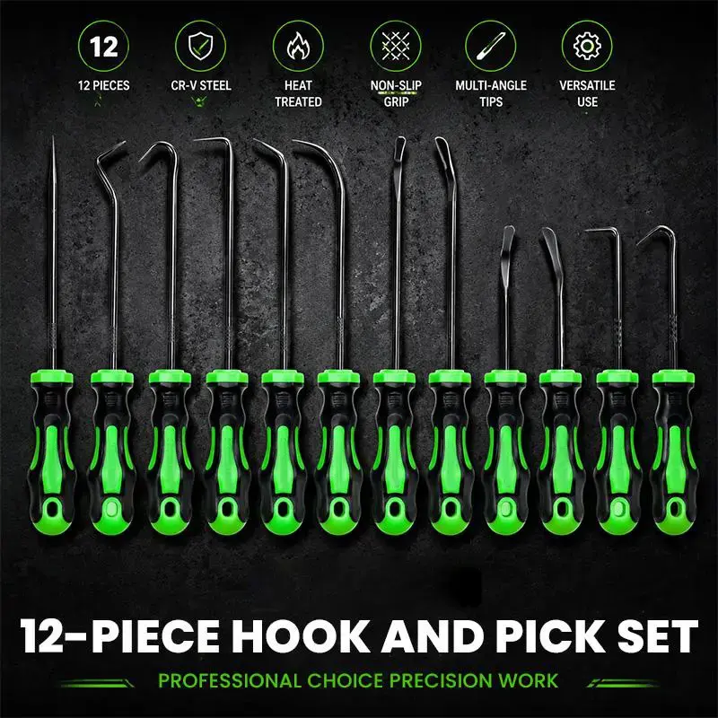 12-piece pry hook tool set; pry hook tool set for automotive oil seals/O-rings and sealing pads; pry hook puller disassembly tools; long-handle and mini pry hook tool sets