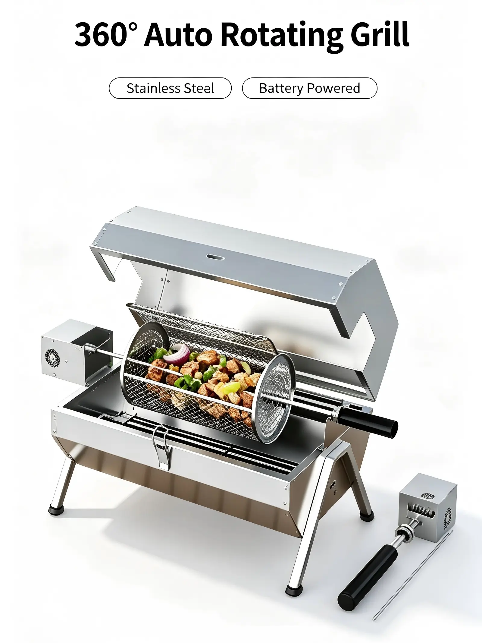 Portable Stainless Steel 360° Auto Rotating Charcoal Rotisserie Grill, Battery Powered Mini BBQ Roaster with Full Accessories, Multi-Function Grill for Whole Chicken, Skewers, Veggies, Nuts, Outdoor Camping Backyard Tailgate Picnic