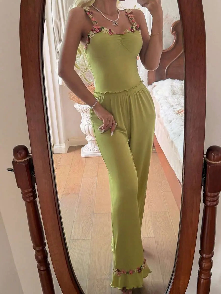 Women 2 Piece Lime Green Lounge Set | Embroidered Floral Trim Cami Crop Top & Pants | Cozy Sleepwear