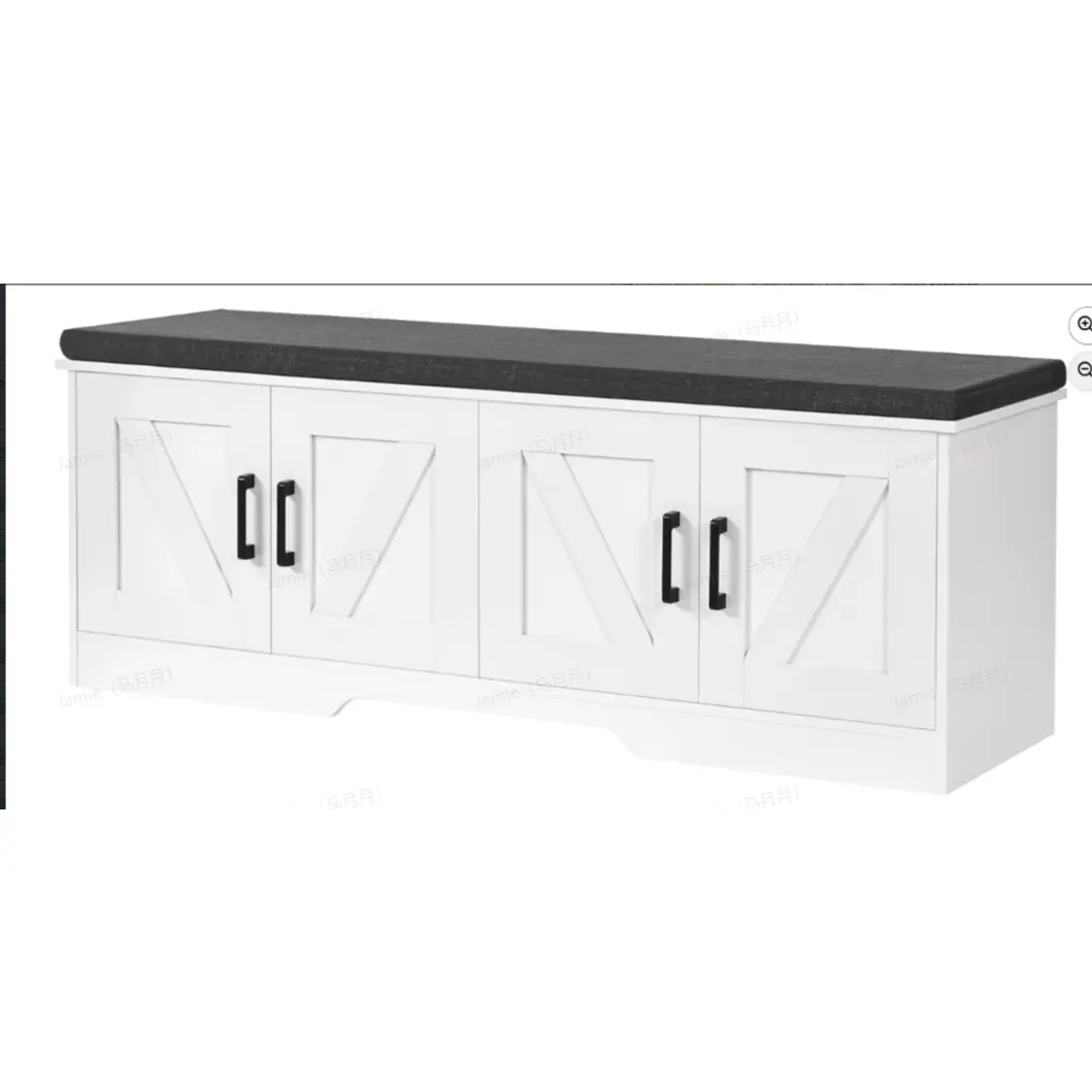White Farmhouse Wooden Shoe Storage Cabinet Bench with Padded Cushion Seat, 4 X-Panel Doors, Spacious Hidden Storage, White Finish with Black Hardware, Ideal for Entryway, Mudroom Organization