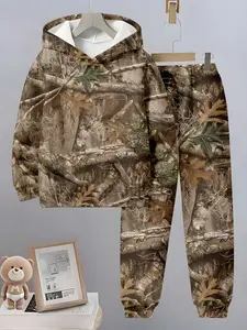Boys' Fall & Winter Camouflage Leaf Jungle Print Hoodie + Jogger Pants Set, Sporty Athletic Fitted 2-Piece, Regular Length, Clothes Kids