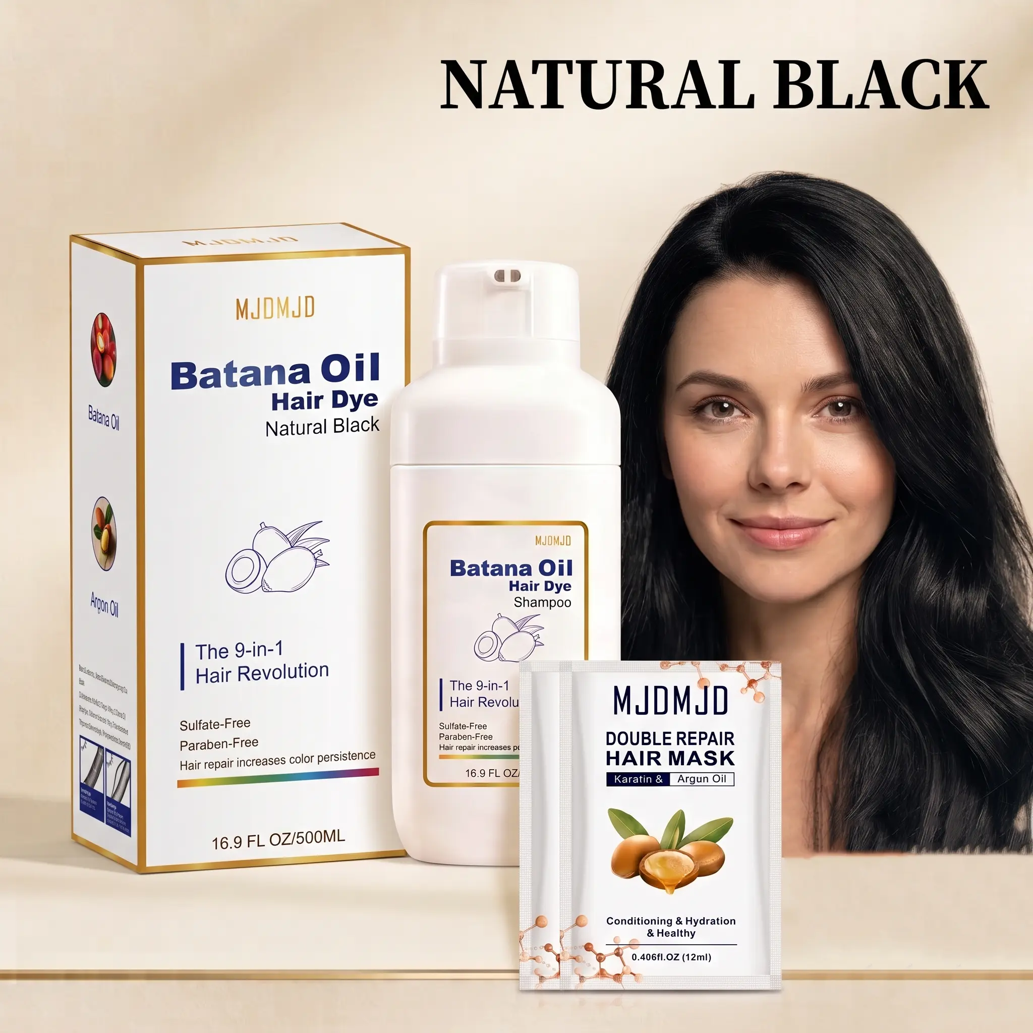 MJDMJD Batana Oil Hair Dye Shampoo (16.9 Fl Oz / 500mL) – 9-in-1 Botanical Formula for Gray Hair Coverage, Sulfate-Free Instant Hair Color Shampoo with 2 Free Hair Masks (Natural Black, Dark/Light Brown, Chestnut, Wine Red)