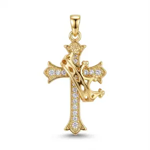 Eudora Retro Crown Cross Pendant Necklace Gold Plated Copper Pave Cubic Zirconia Religious Jewelry Symbolic Faith Guardian Gift